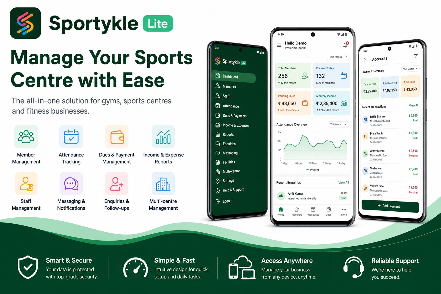 Sportykle Lite promotional preview showing features, side menu, dashboard, and accounts screens